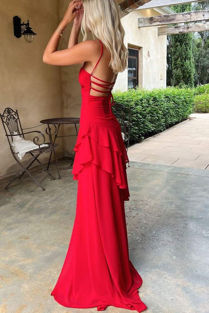 Red Spaghetti Straps Ruffles Sleeveless Lace-Up Long Dress