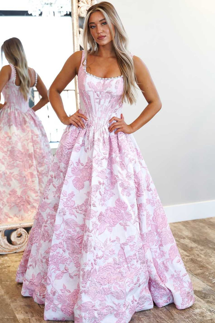 Pink A-Line Square Neck Empire-Waist Jacquard Long Prom Dress with Pearls