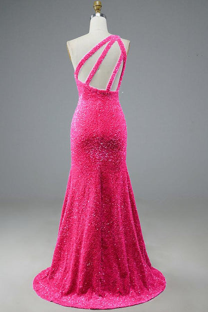 Mermaid Glitter One-Shoulder Backless Prom Dress With Sequins,AST1248