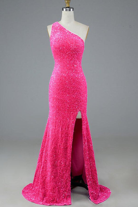 Mermaid Glitter One-Shoulder Backless Prom Dress With Sequins,AST1248