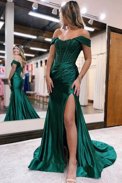 Mermaid Off Shoulder Satin Lace Long Prom Dress Formal Evening Dress,AST1254