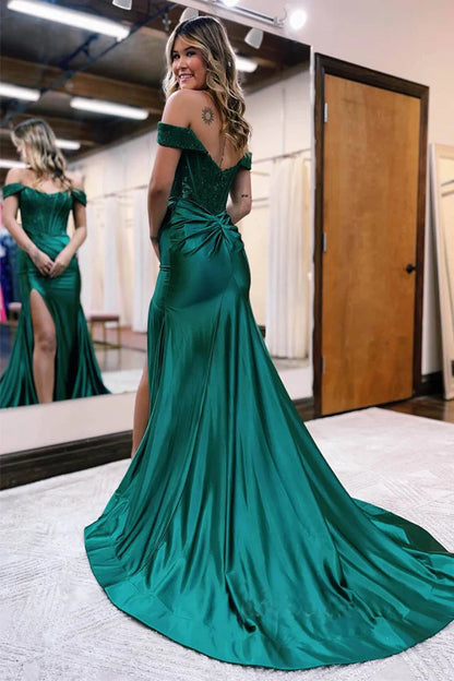 Mermaid Off Shoulder Satin Lace Long Prom Dress Formal Evening Dress,AST1254