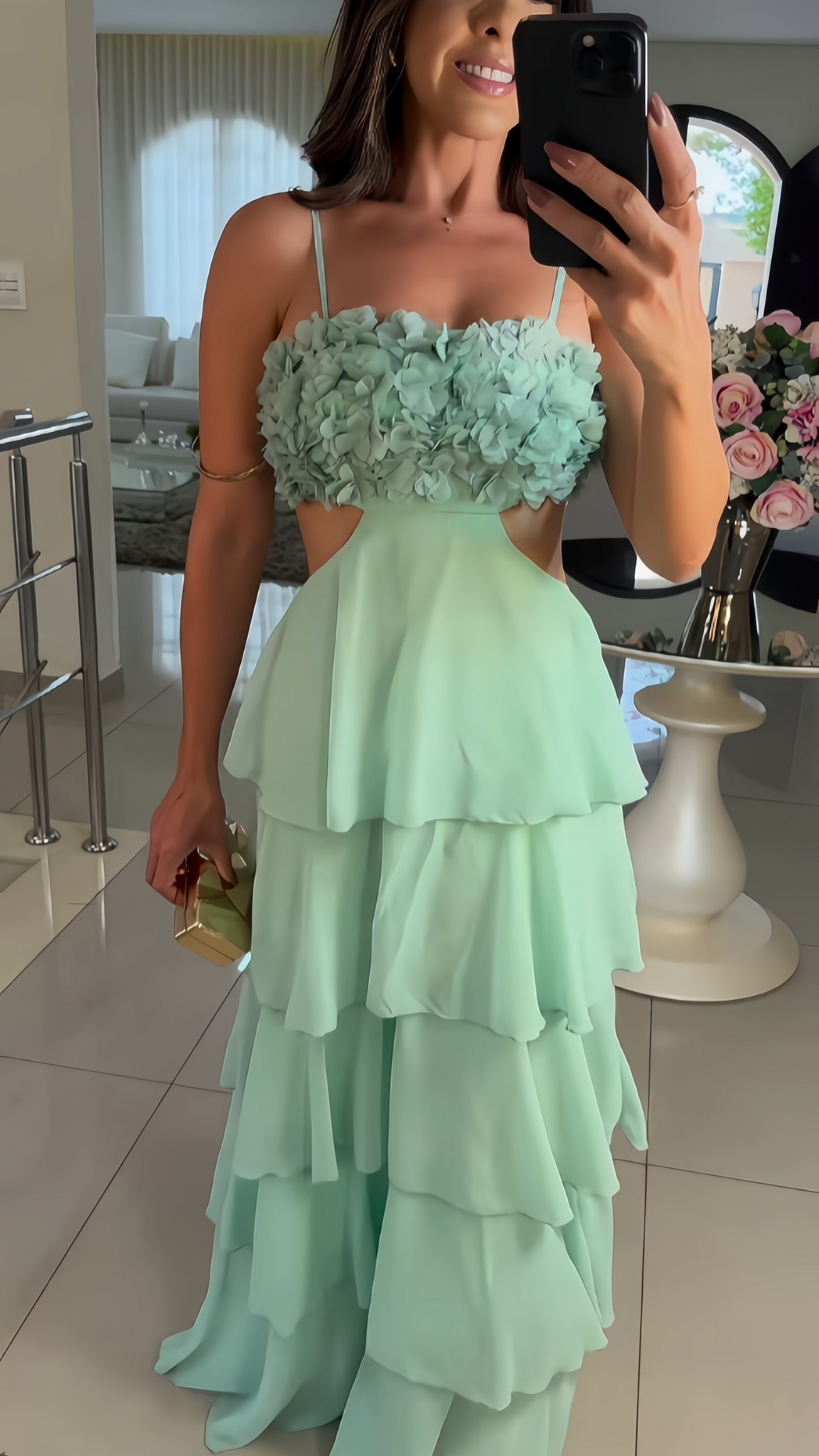 Ming Green Floral Chiffon Prom Dress, Ruffle Long Evening Dress, AST1599