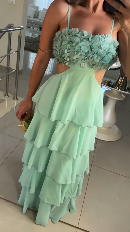 Ming Green Floral Chiffon Prom Dress, Ruffle Long Evening Dress, AST1599