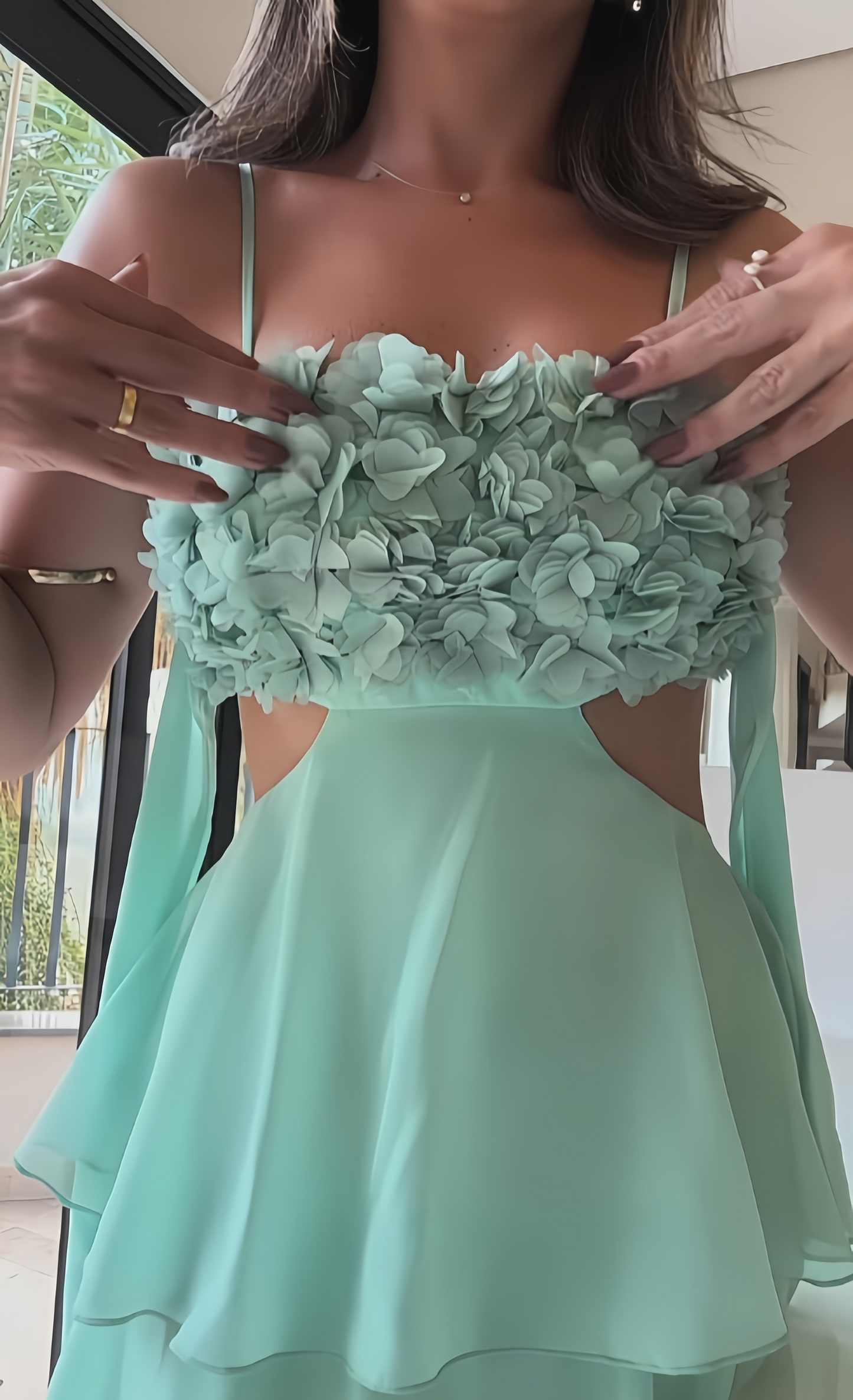 Ming Green Floral Chiffon Prom Dress, Ruffle Long Evening Dress, AST1599