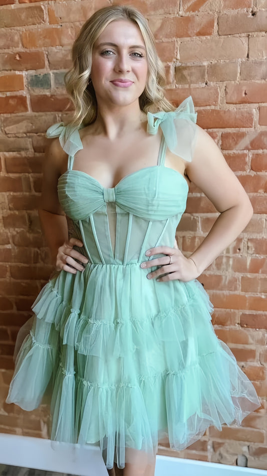 Mint Green A-line Homecoming Dresses Tie Up Tulle Party Dress,AST1904