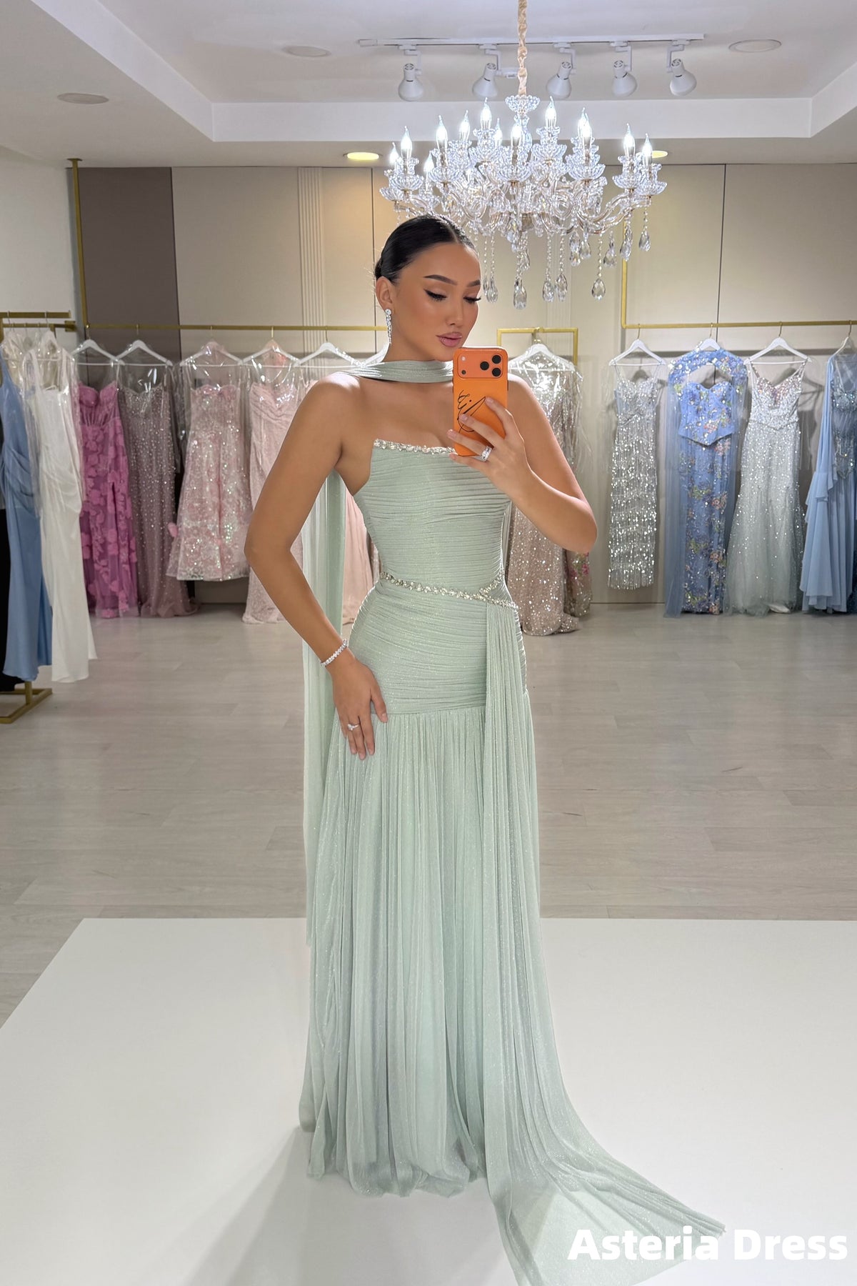 Mint Green Strapless Beaded Pleated Long Party Formal Dresses