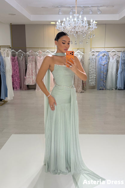 Mint Green Strapless Beaded Pleated Long Party Formal Dresses