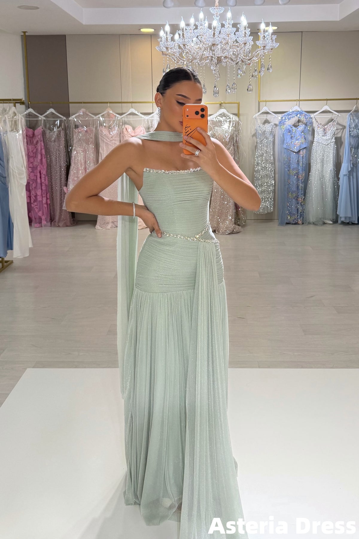 Mint Green Strapless Beaded Pleated Long Party Formal Dresses