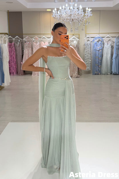 Mint Green Strapless Beaded Pleated Long Party Formal Dresses
