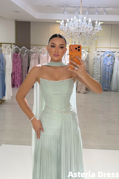 Mint Green Strapless Beaded Pleated Long Party Formal Dresses