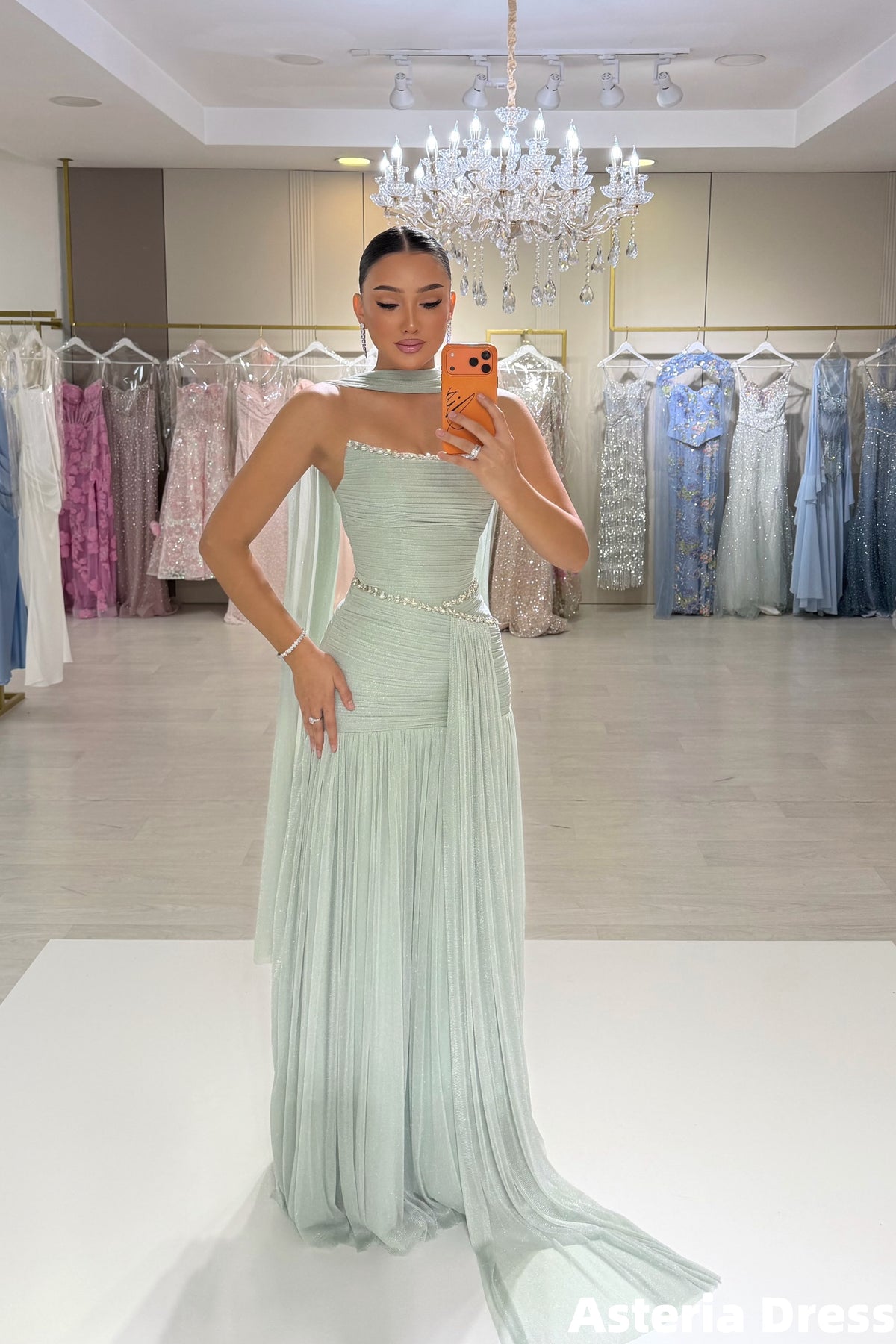 Mint Green Strapless Beaded Pleated Long Party Formal Dresses