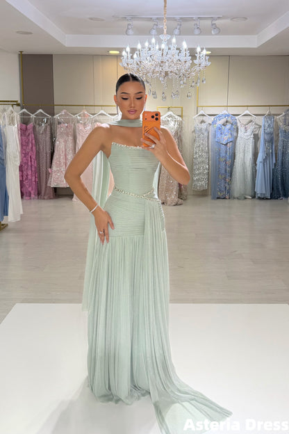 Mint Green Strapless Beaded Pleated Long Party Formal Dresses