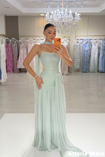 Mint Green Strapless Beaded Pleated Long Party Formal Dresses