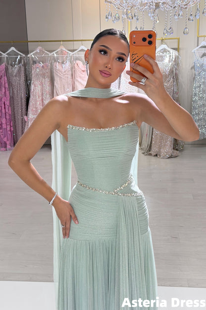 Mint Green Strapless Beaded Pleated Long Party Formal Dresses