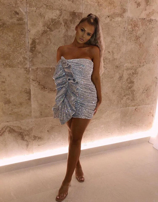 Strapless Silver Grey Short Homecoming Dress With Side Ruffles Party Dresses, AST1191