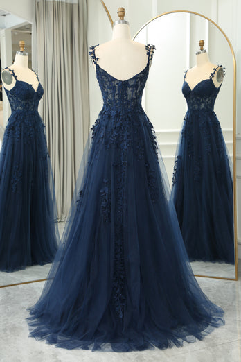 Straps Navy Blue Lace Appliques A-line Formal Dress