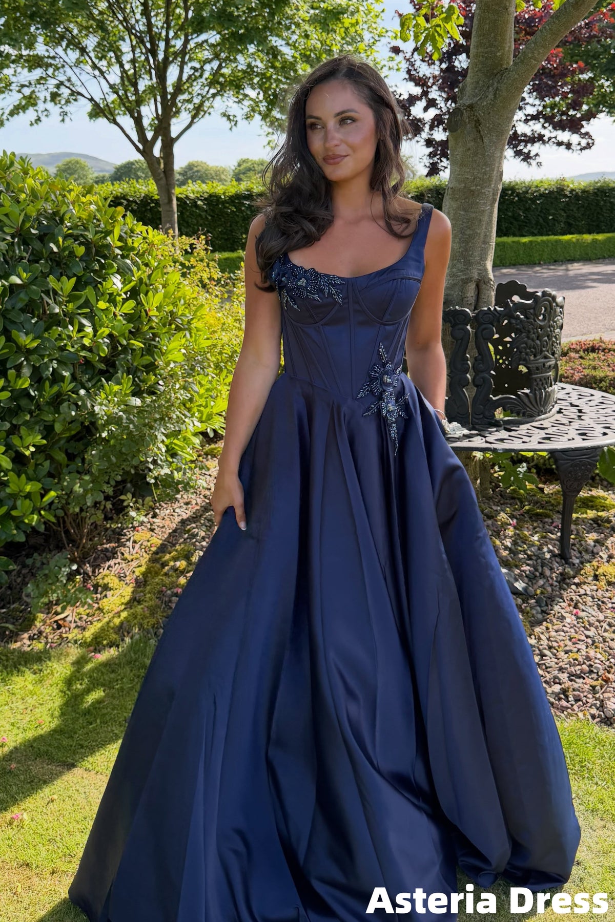 Navy Blue A-Line Beaded Long Prom Dresses