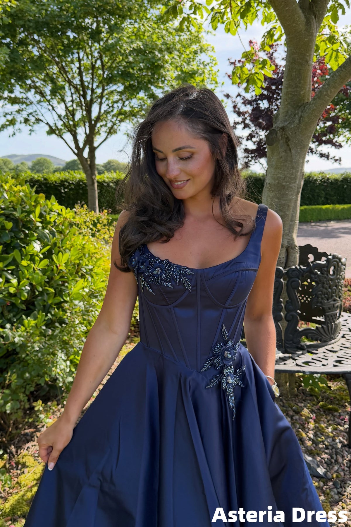 Navy Blue A-Line Beaded Long Prom Dresses