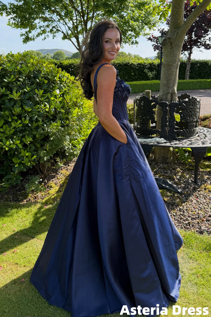 Navy Blue A-Line Beaded Long Prom Dresses