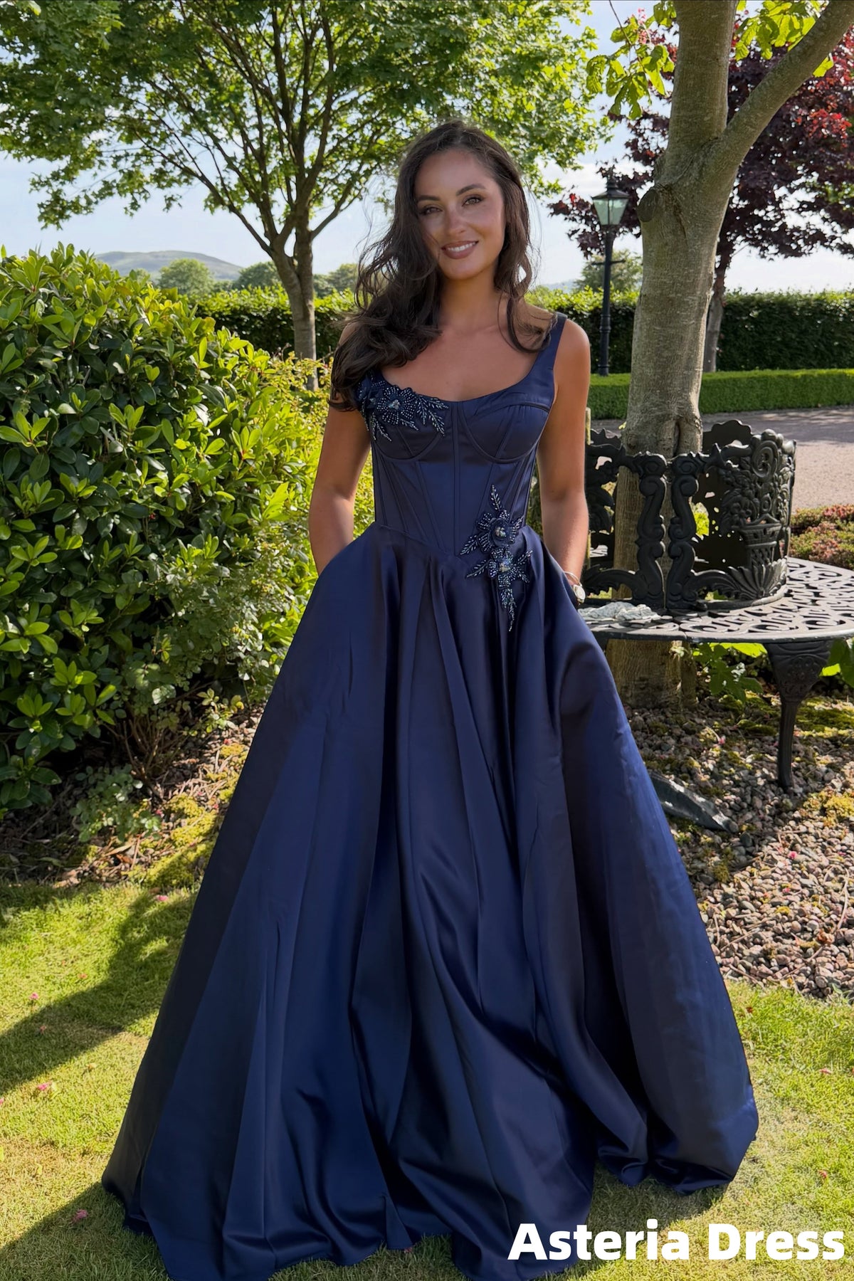 Navy Blue A-Line Beaded Long Prom Dresses