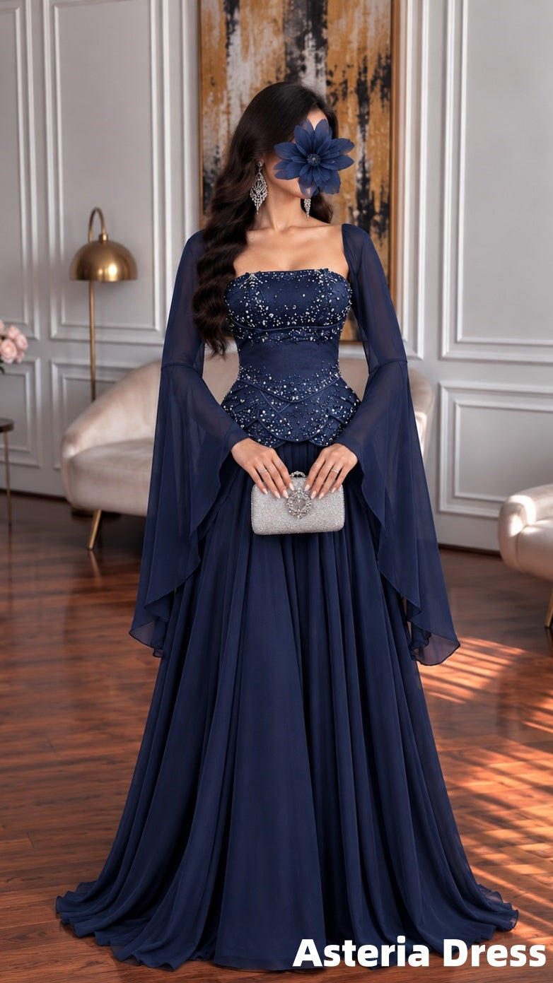 Navy Blue Chiffon Long Sleeves Beaded Long Prom Dresses