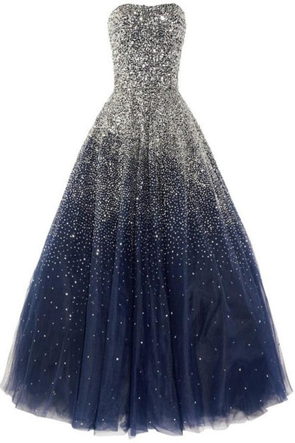 Navy Blue Floor Length A Line Sweetheart Sleeveless Sparkle Starry Night Long Prom Dress Party Dress,AST2154