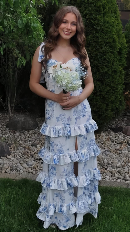 New Arrival Floral Prom Dresses Chiffon Ruffle Evening Party Dress,AST2207