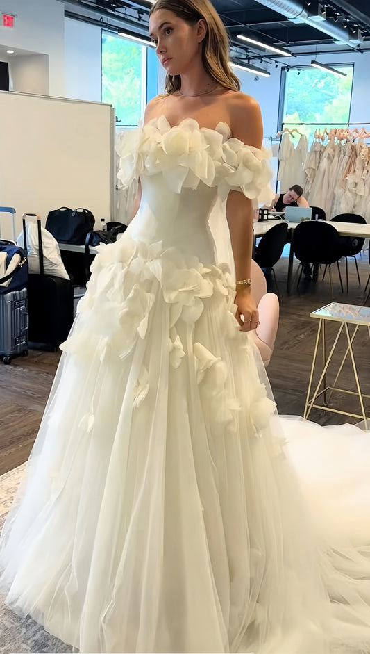 Off The Shoulder 3D Floral Wedding Dresses Tulle A-line Bridal Dress, AST1923