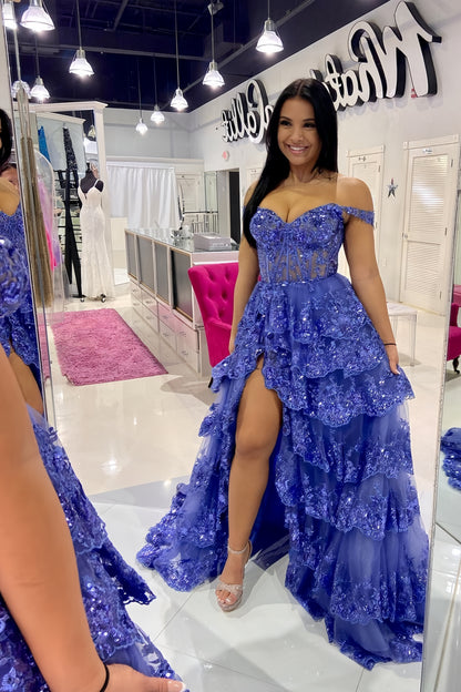 Off The Shoulder Blue Lace Evening Prom Dresses Ruffle Ball Gown, AST1467