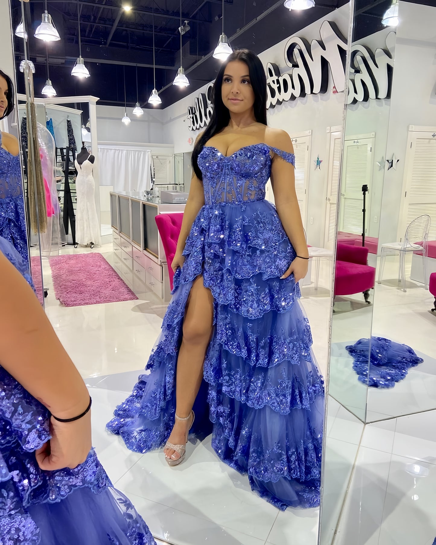 Off The Shoulder Blue Lace Evening Prom Dresses Ruffle Ball Gown, AST1467