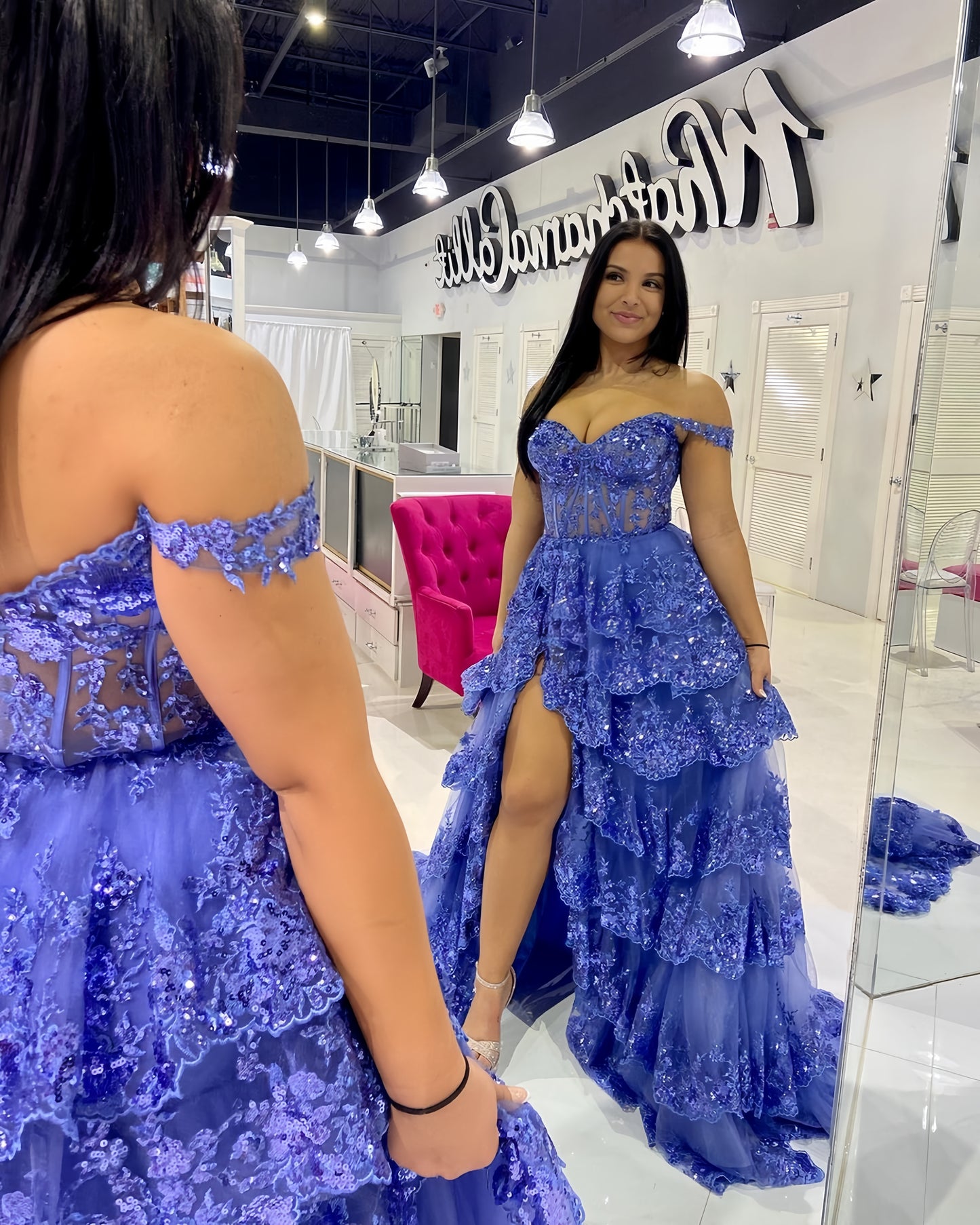 Off The Shoulder Blue Lace Evening Prom Dresses Ruffle Ball Gown, AST1467