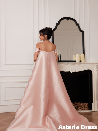 Off The Shoulder Blush Pink Satin Sheath Long Prom Dress