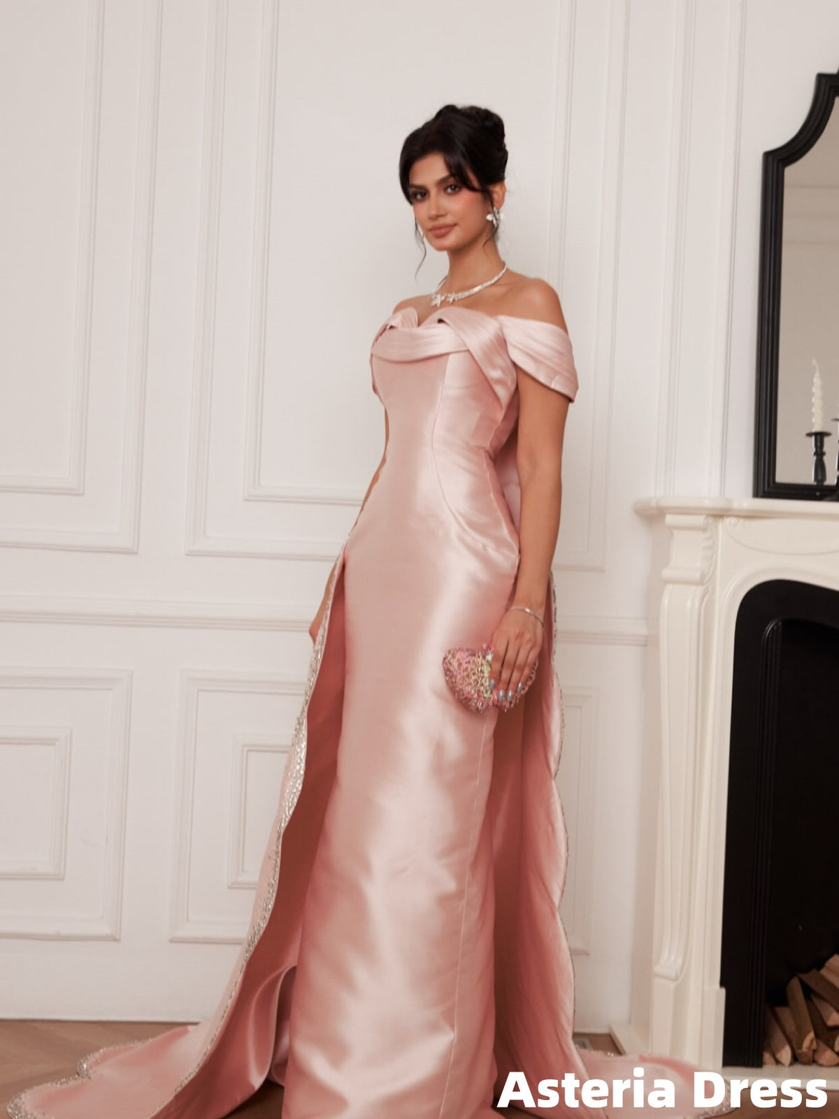 Off The Shoulder Blush Pink Satin Sheath Long Prom Dress