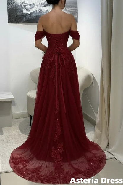 Off The Shoulder Burgundy Floral Appliques Long Prom Dresses