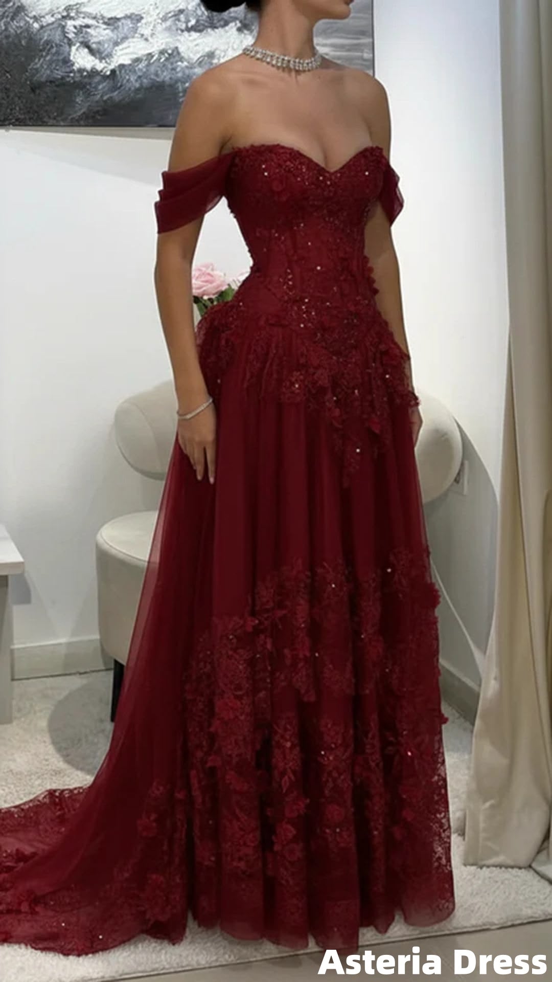 Off The Shoulder Burgundy Floral Appliques Long Prom Dresses