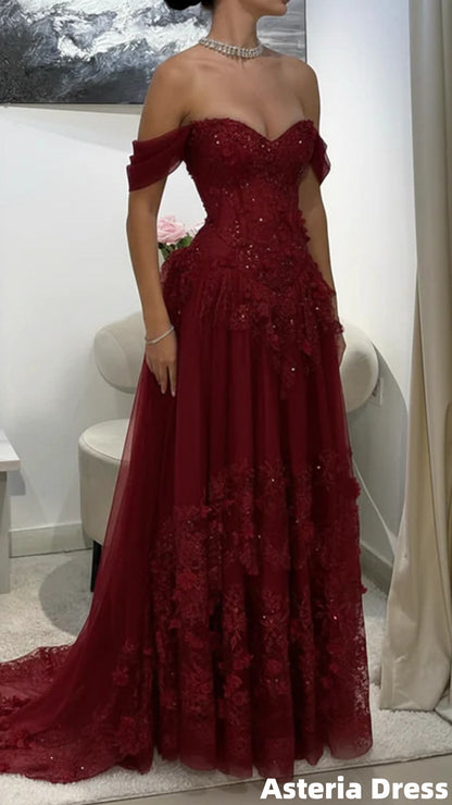 Off The Shoulder Burgundy Floral Appliques Long Prom Dresses