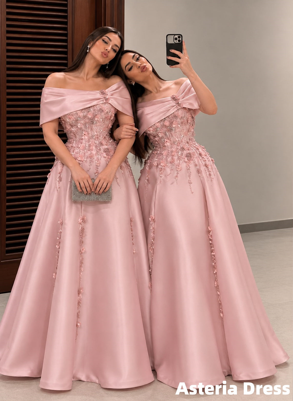 Off The Shoulder Floral Beaded A-Line Satin Prom Dress Bridesmaid Dresses