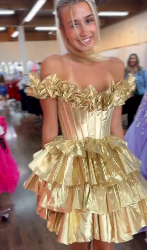 Off The Shoulder Gold Satin Tiered Homecoming Dresses, AST1415