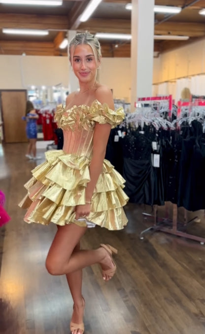 Off The Shoulder Gold Satin Tiered Homecoming Dresses, AST1415