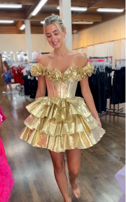 Off The Shoulder Gold Satin Tiered Homecoming Dresses, AST1415