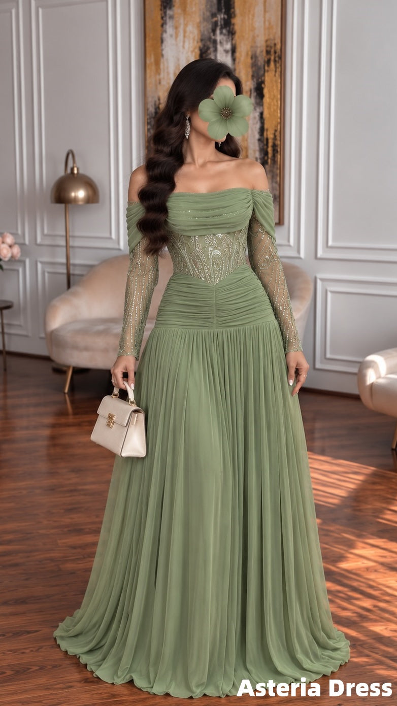 Off The Shoulder Green Sequin Chiffon Long Prom Dresses