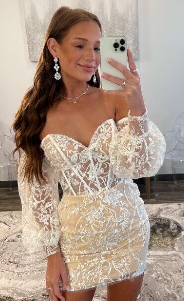 Off The Shoulder Lace Bodycon Homecoming Dresses With Bubble Sleeves, AST1141