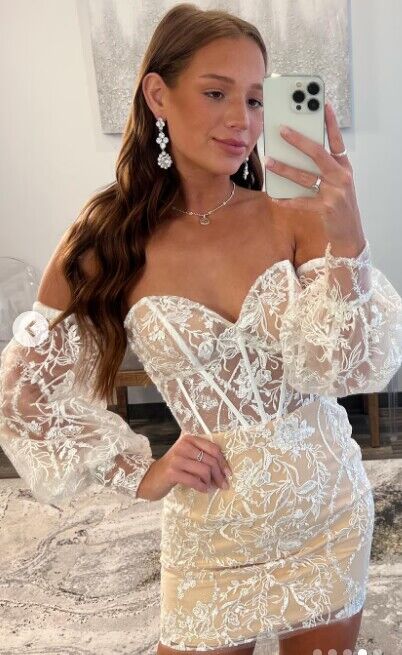 Off The Shoulder Lace Bodycon Homecoming Dresses With Bubble Sleeves, AST1141