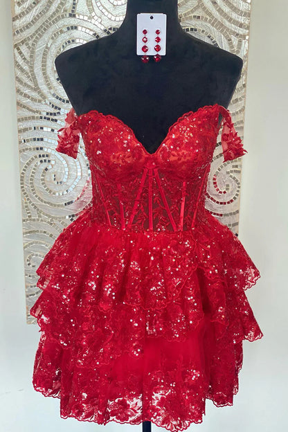 Off The Shoulder Lace Sequin Homecoming Dress, AST1011