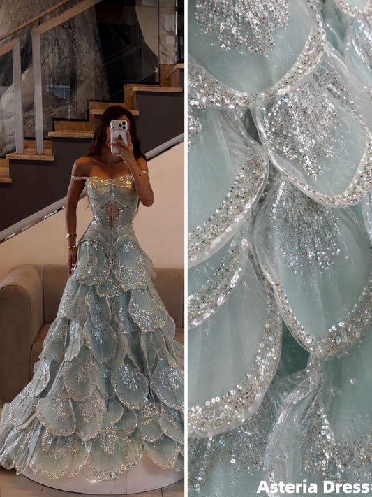 Off The Shoulder Light Blue Mermaid Floral Prom Dresses