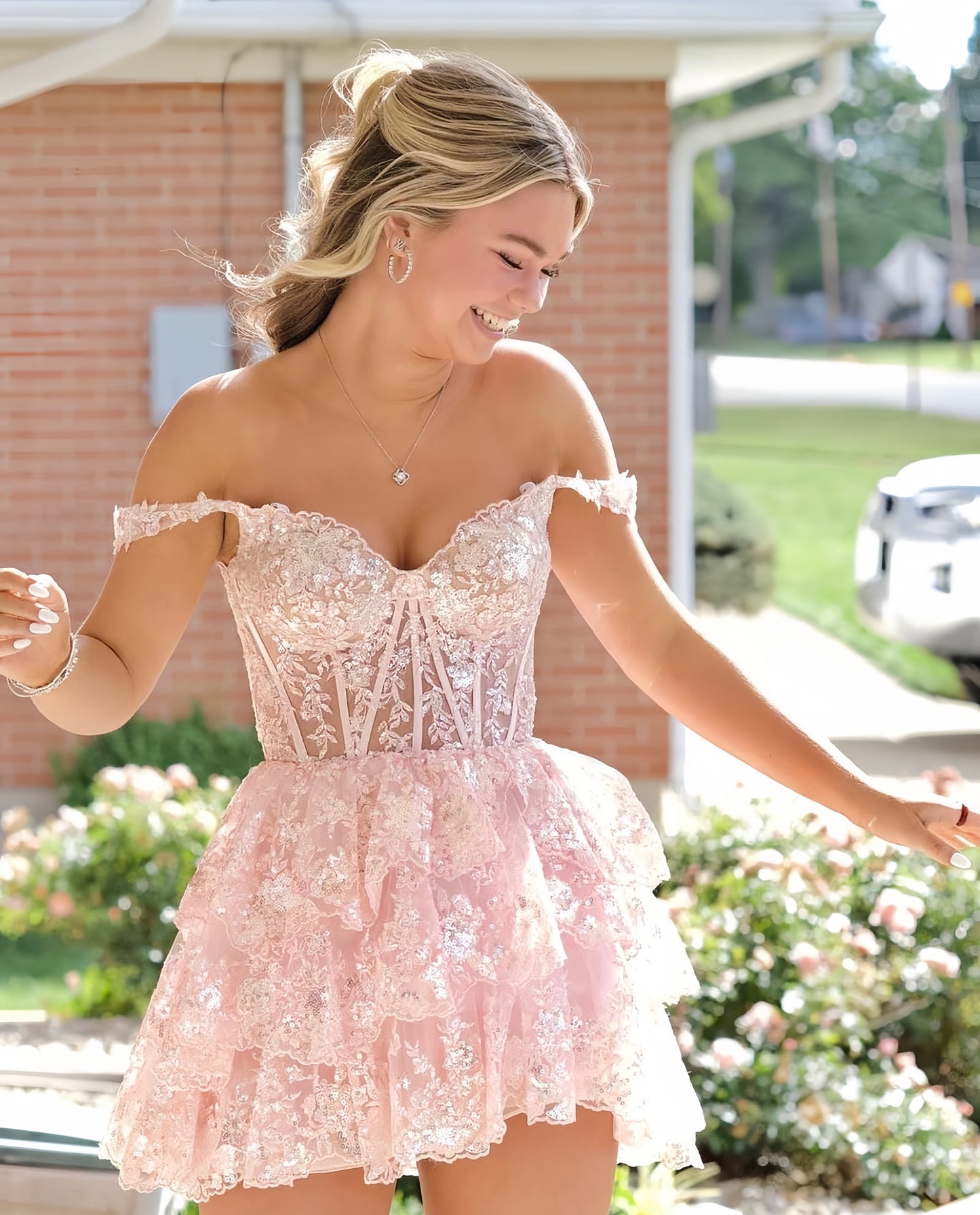 Off The Shoulder Light Pink Lace Homecoming Dress, AST1405