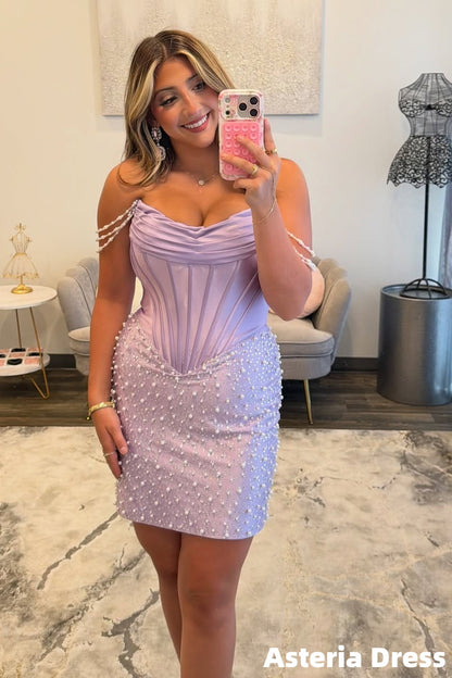 Off The Shoulder Lilac Pearl Beaded Short Homecoming Dress