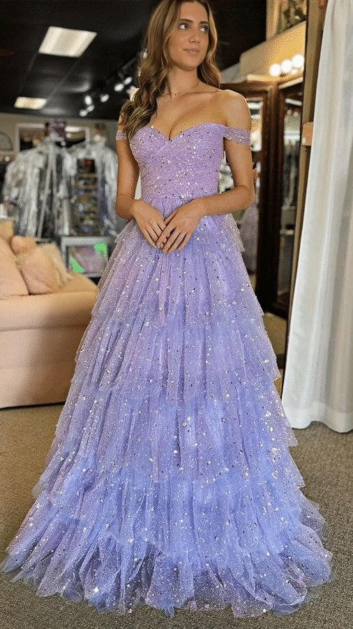 Off The Shoulder Lilac Sequin Tiered Senior Prom Dress, AST1590