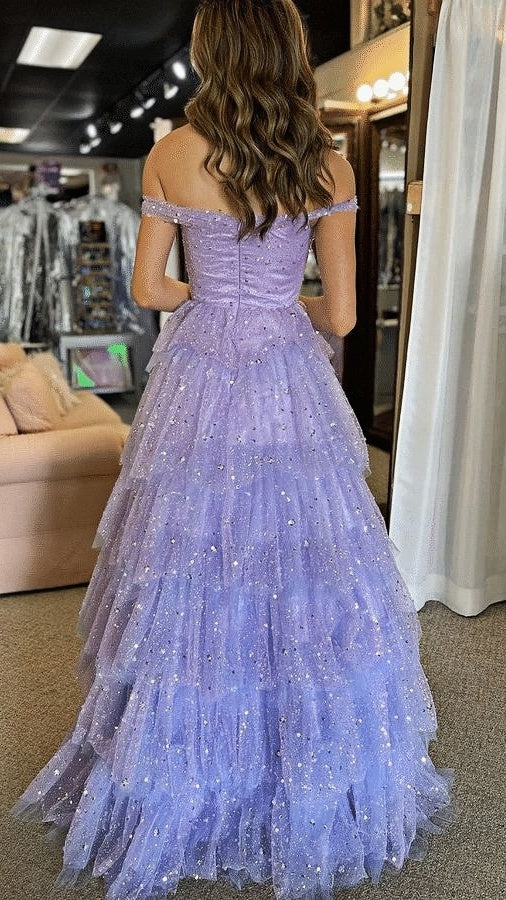 Off The Shoulder Lilac Sequin Tiered Senior Prom Dress, AST1590